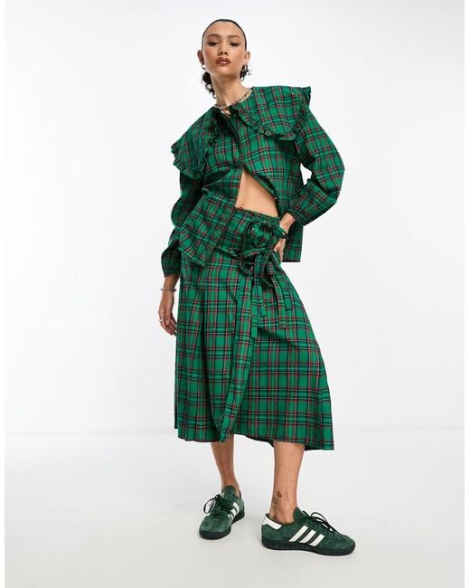 Damson Madder Green Kya Wrap Midi Kilt Skirt Co-ord