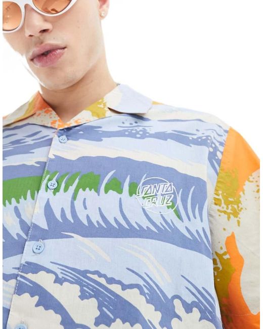 Santa Cruz Blue Wave Print Short Sleeve Revere Shirt for men