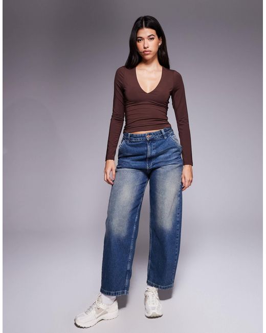 Top à manches longues en tissu double épaisseur avec décolleté plongeant en v - chocolat ASOS en coloris Purple