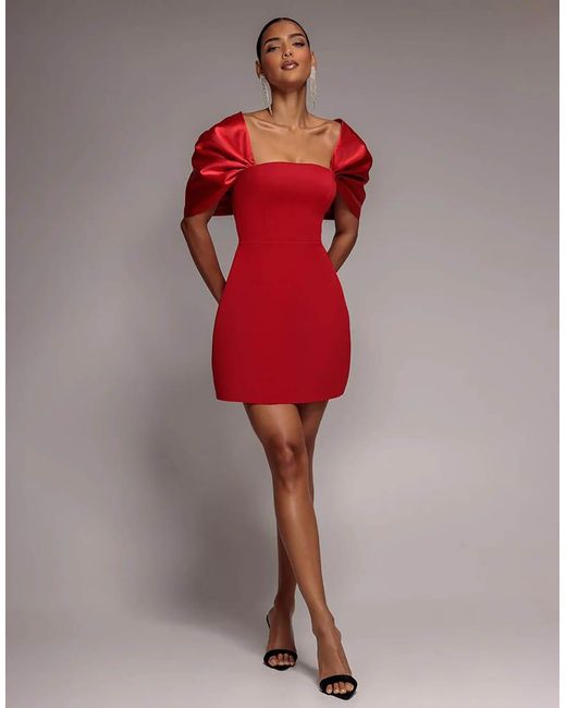 Goddiva Red Off Shoulder Back Satin Bow Mini Dress