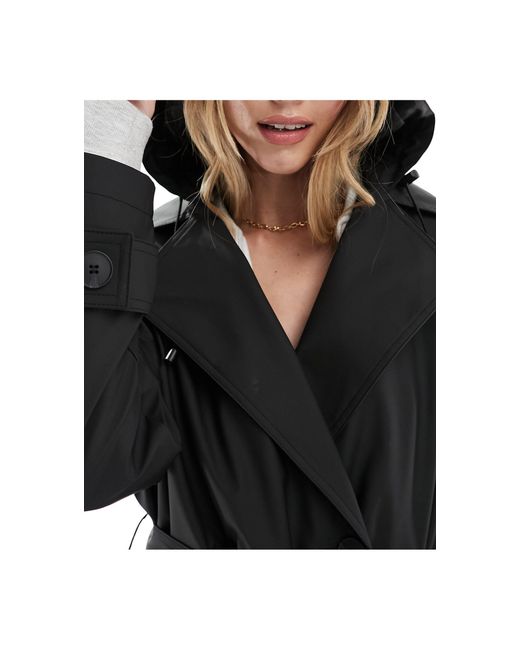 ASOS Black Rubberised Rain Hooded Trench Coat With Belt Detail