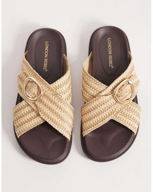 London Rebel White Raya Flat Sandals With Buckle Detail