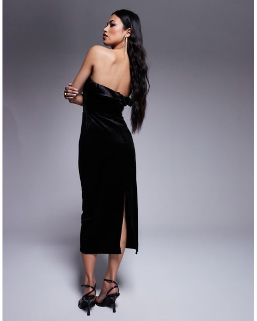 In The Style Black Velvet Bandeau Midi Dress With Contrast Satin Foldover Detail