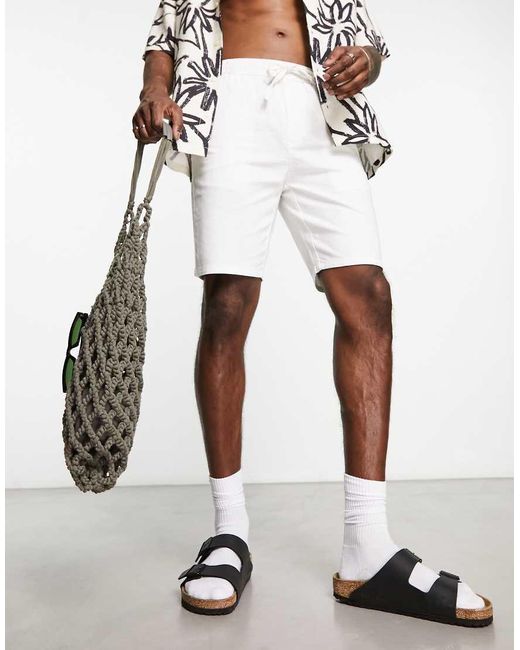 Only & Sons White Linen Mix Tie Waist Shorts for men