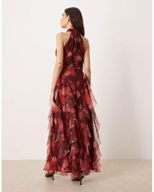 LACE & BEADS Red Halter Neck Ruffle Maxi Dress