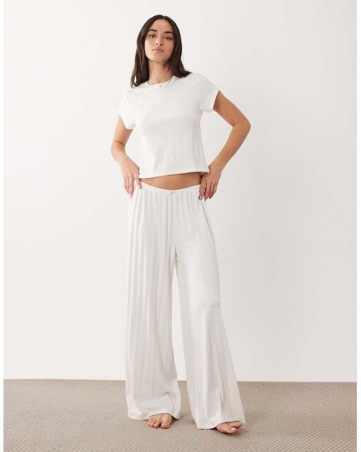 ASOS Natural Pointelle Wide Leg Pyjama Trousers With Rosebud Trim