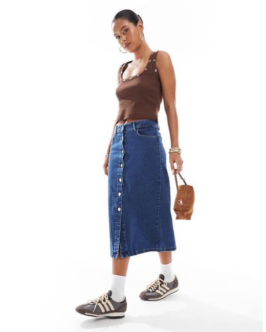 Vero Moda Blue Button Front Midi Denim Skirt