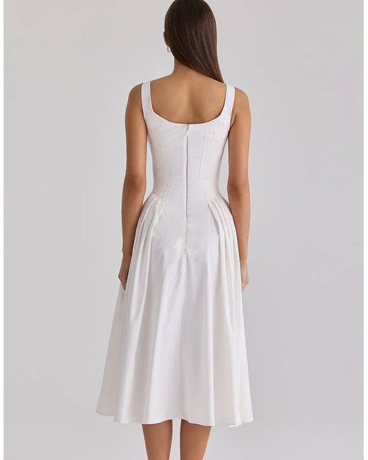 House Of Cb White Alira Pleated Cotton Peekaboo Midi Dress