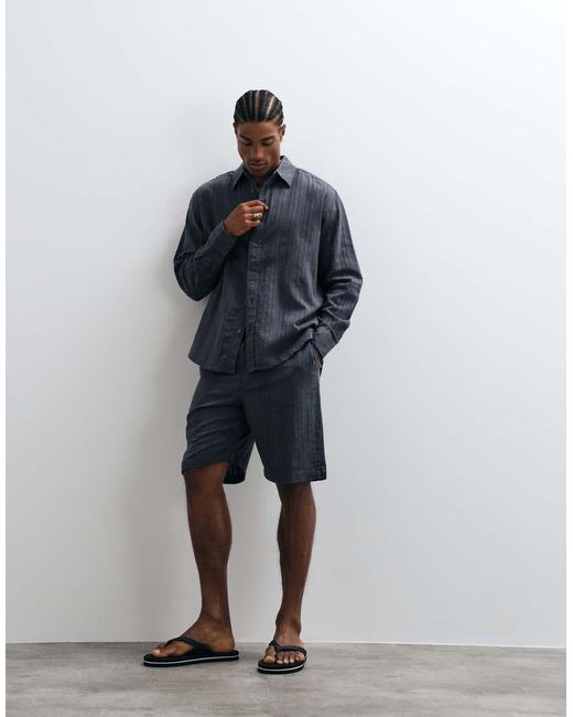 Only & Sons Blue Linen Blend Textured Long Sleeve Shirt Co-ord for men