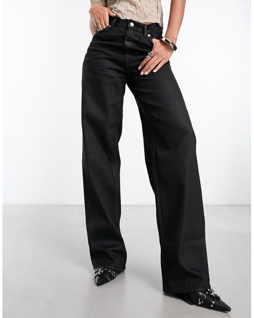 Weekday Black Rail Mid Waist Loose Fit Straight Leg Coated Jeans