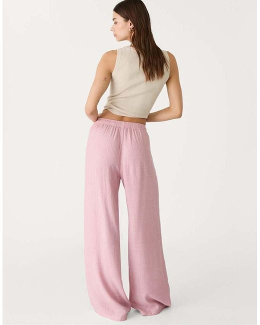 Stradivarius Pink Linen Look Pull On Crinkle Trouser