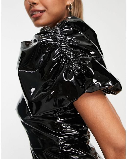 Miss Selfridge Black Vinyl Faux Leather Extreme Puff Sleeve Mini Dress