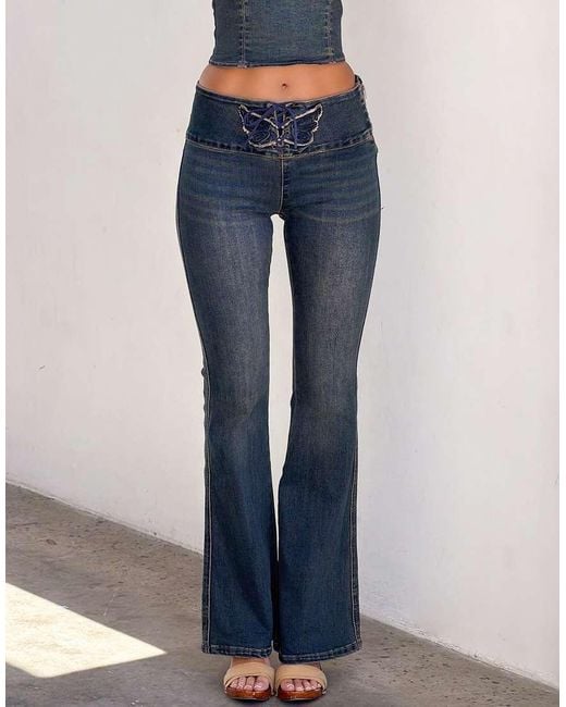 Tiger Mist Blue Riona Butterfly Lace Up Waistband Detail Kick Flare Jeans Co-Ord