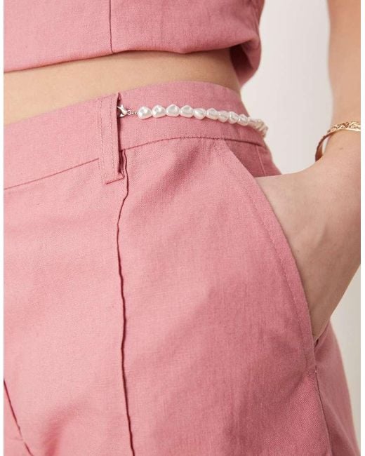 ASOS Pink Tailored Linen Short Co-ord With Bead Detail