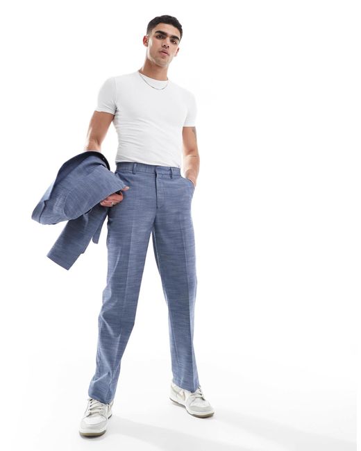 ASOS Blue Linen Look Straight Leg Suit Trousers for men