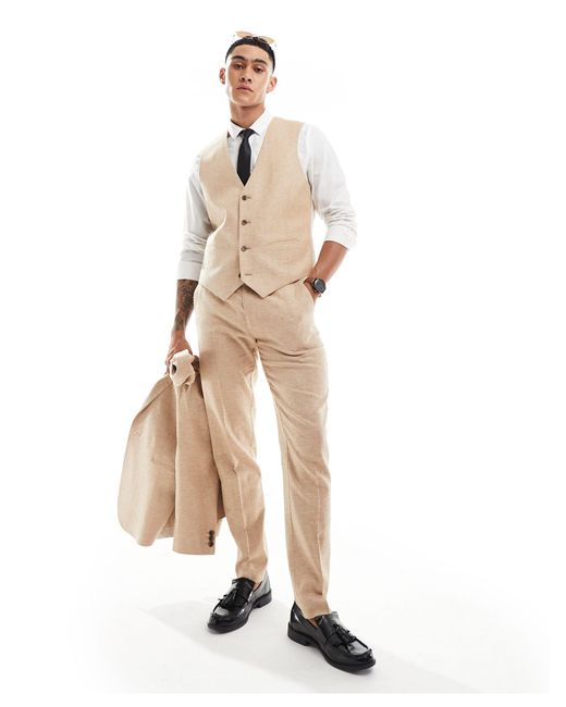 ASOS Natural Slim Herringbone Suit Trouser With Linen for men
