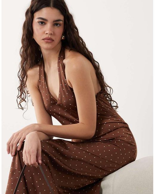 New Look Brown Polka Dot Cowl Neck Halter Satin Midi Dress