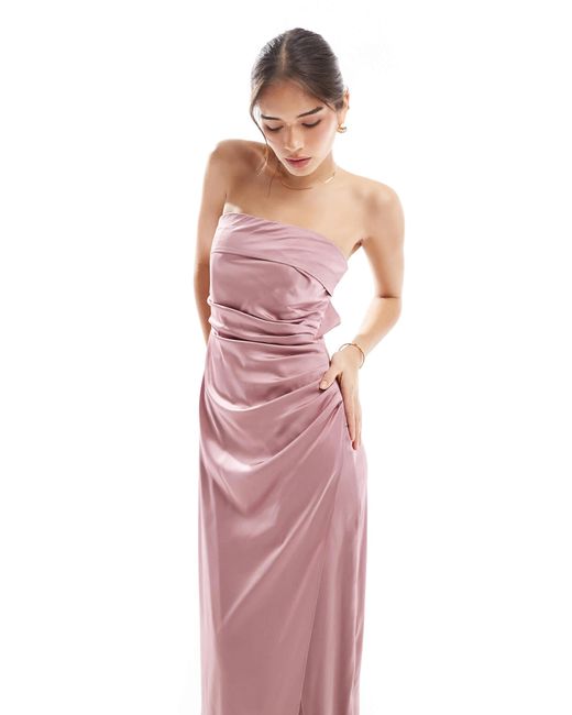 TFNC London Pink Bridesmaids Bandeau Satin Maxi Dress With Tie Back