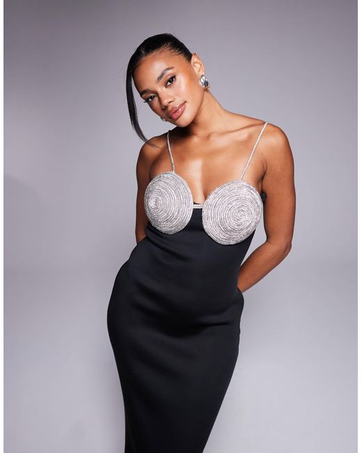 Robe mi-longue en néoprène avec soutien-gorge ornementé - /argenté ASOS en coloris Blue