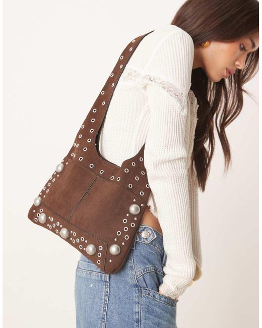 ASOS Brown Faux Suede Studded Tote Bag