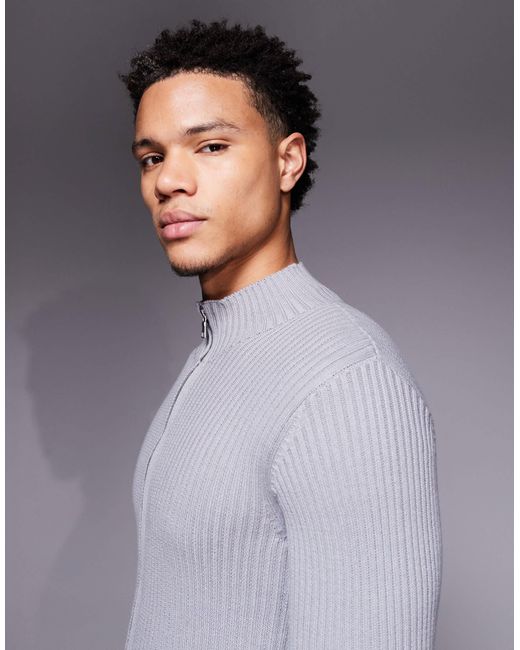 ASOS Gray Muscle Fit Knitted Rib Zip Through Jacket for men