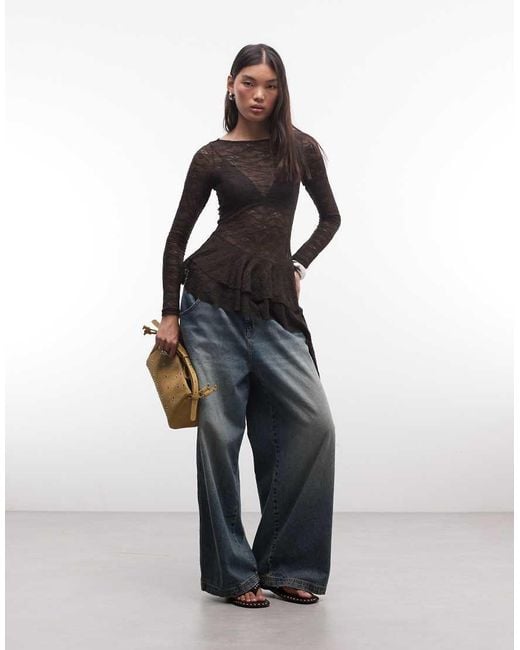 Monki Brown Lace Long Sleeve Asymmetric Ruffle Top