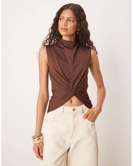 ASOS Brown Twist Front Top With Grown On Neck