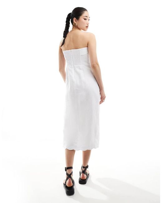 Abercrombie & Fitch White Linen Midi Strapless Dress With Scallop Edge