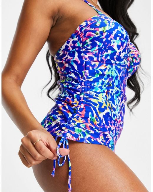 Figleaves Blue Fiesta Underwired Twist Bandeau Tummy Control Tankini Top