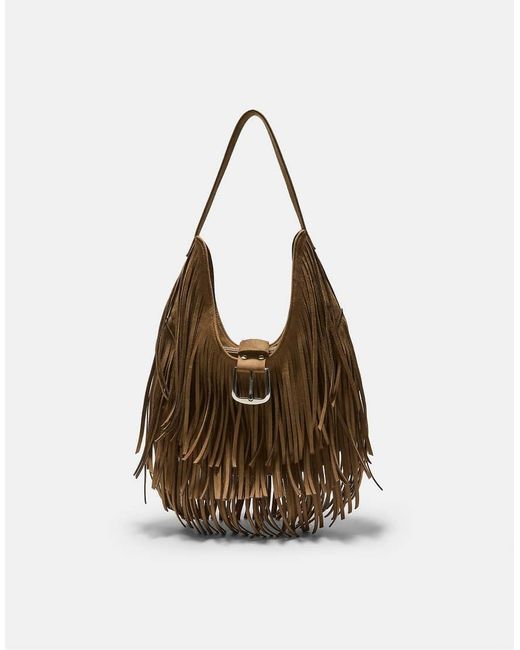 Stradivarius Brown Shoulder Bag With Fringe & Buckle