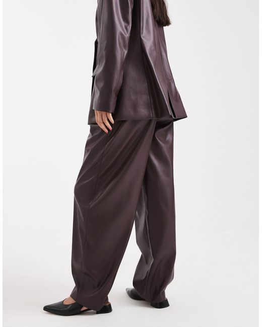 ASOS Purple Faux Leather Pleated Barrel Leg Trousers With Belt