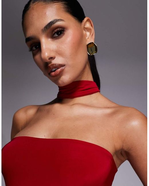 Kaiia Red Exclusive Double Laye Slinky Scarf Detail Strapless Ruffle Hem Mini Dress