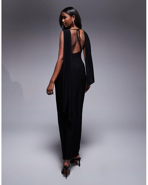 Fashionkilla Black Double Sculpted Slinky High Neck Open Back Scarf Detail Maxi Dress
