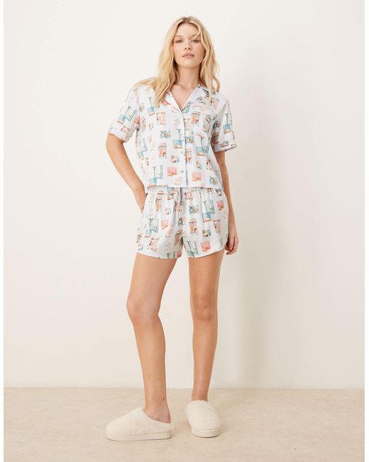 Abercrombie & Fitch White – schlafoberteil mit knopfleiste und postkarten-muster, kombiteil