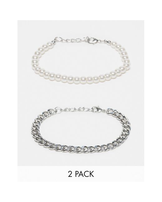 ASOS White 2 Pack Bracelet Set With Chain And 6mm Faux Pearl for men