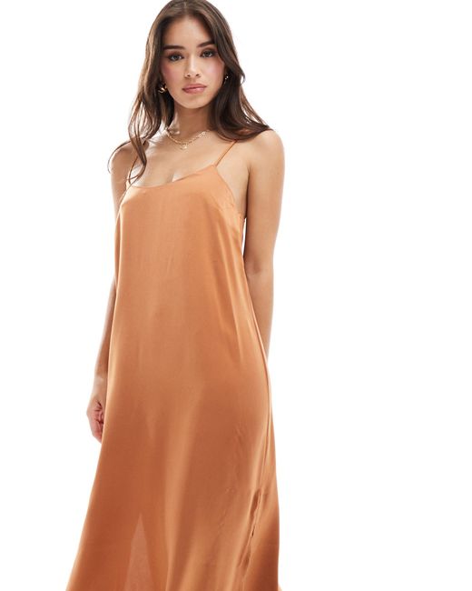 New Look Brown Plain Satin Strappy Midi Dress