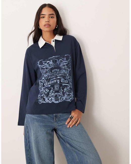 ASOS Blue Oversized Polo Sweat With Country Club Graphic