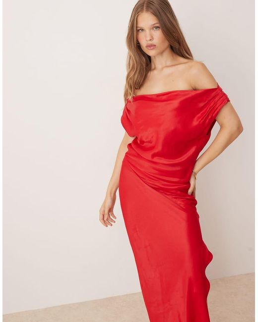 ASOS Red Drape Off Shoulder Maxi Dress