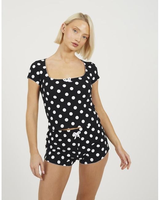 Brave Soul Black Bow Detail Cropped Top And Short Pyjama Set