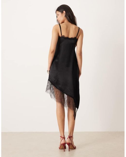 ASOS Black Satin Lace Trim Asym Hem Maxi Dress