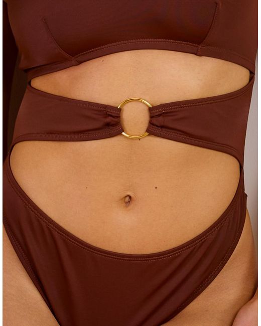 Wolf & Whistle Brown X Maia Andrews Cut Out Ring Front Swimsuit