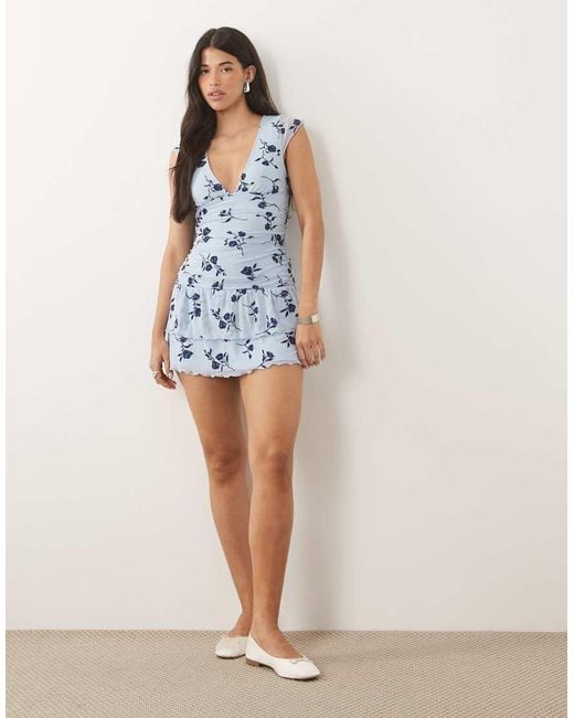 Motel Blue Mowgli Flutter Sleeve Ruched Mini Dress