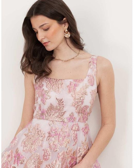 Maya Pink Floral Jacquard Square Neck Tiered Midi Dress