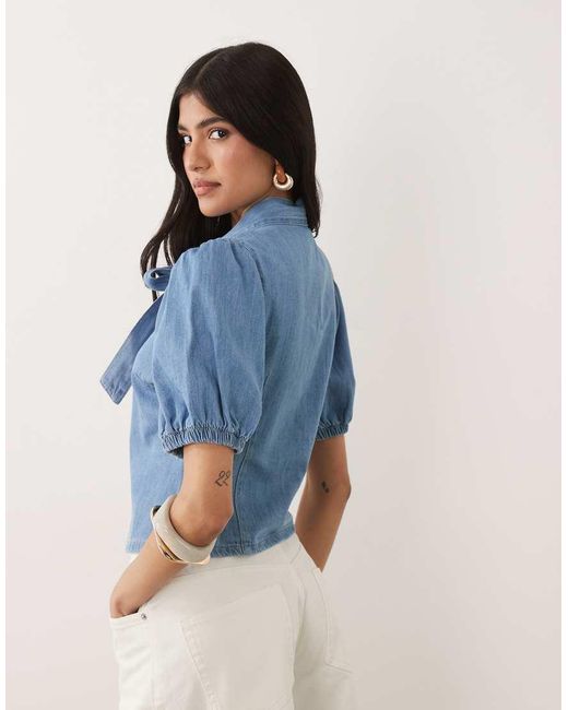 Miss Selfridge Blue Tie Neck Puff Sleeve Denim Top