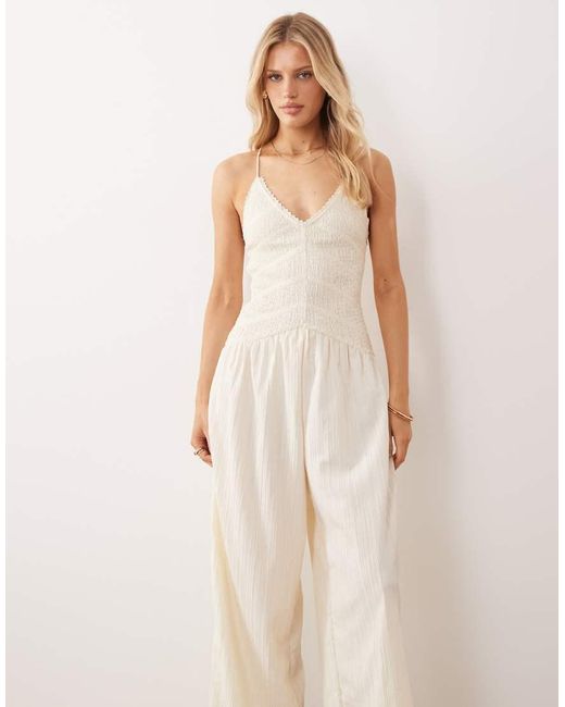 ASOS Natural Cami Shirred Jumpsuit With Lace Trims
