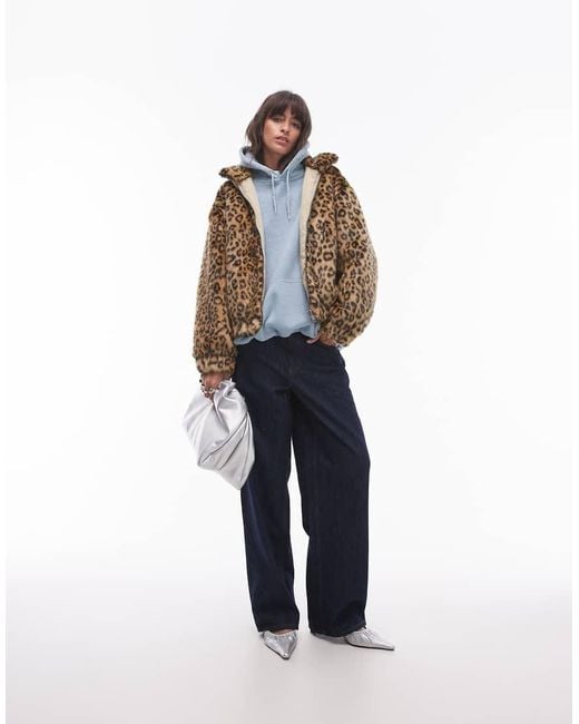TOPSHOP Blue Faux Fur Leopard Print Zip Through Bomber Jacket