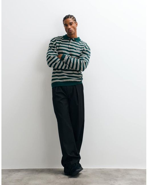 Parlez Green Stripe Long Sleeve Knitted Polo Shirt for men