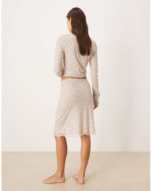 ASOS Natural Honey Slinky Polka Dot Midi Skirt With Lace Trim