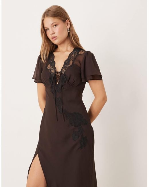 ASOS Natural Flutter Sleeve Tie Front Maxi Tea Dress With Lace Detail