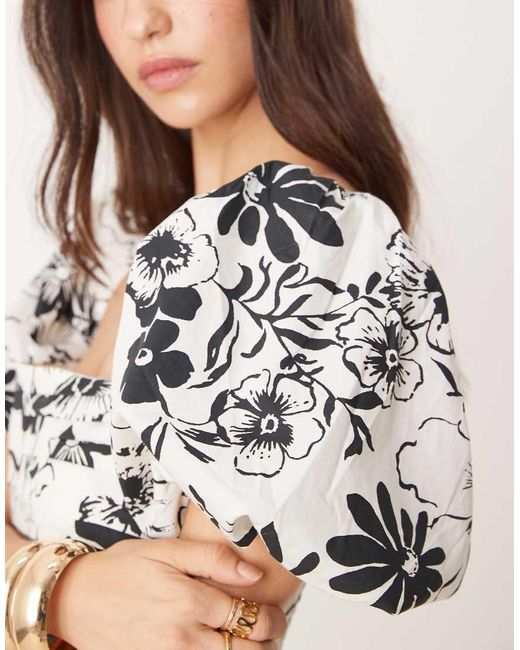 Abercrombie & Fitch White Emerson Floral Midi Dress With Puff Sleeves